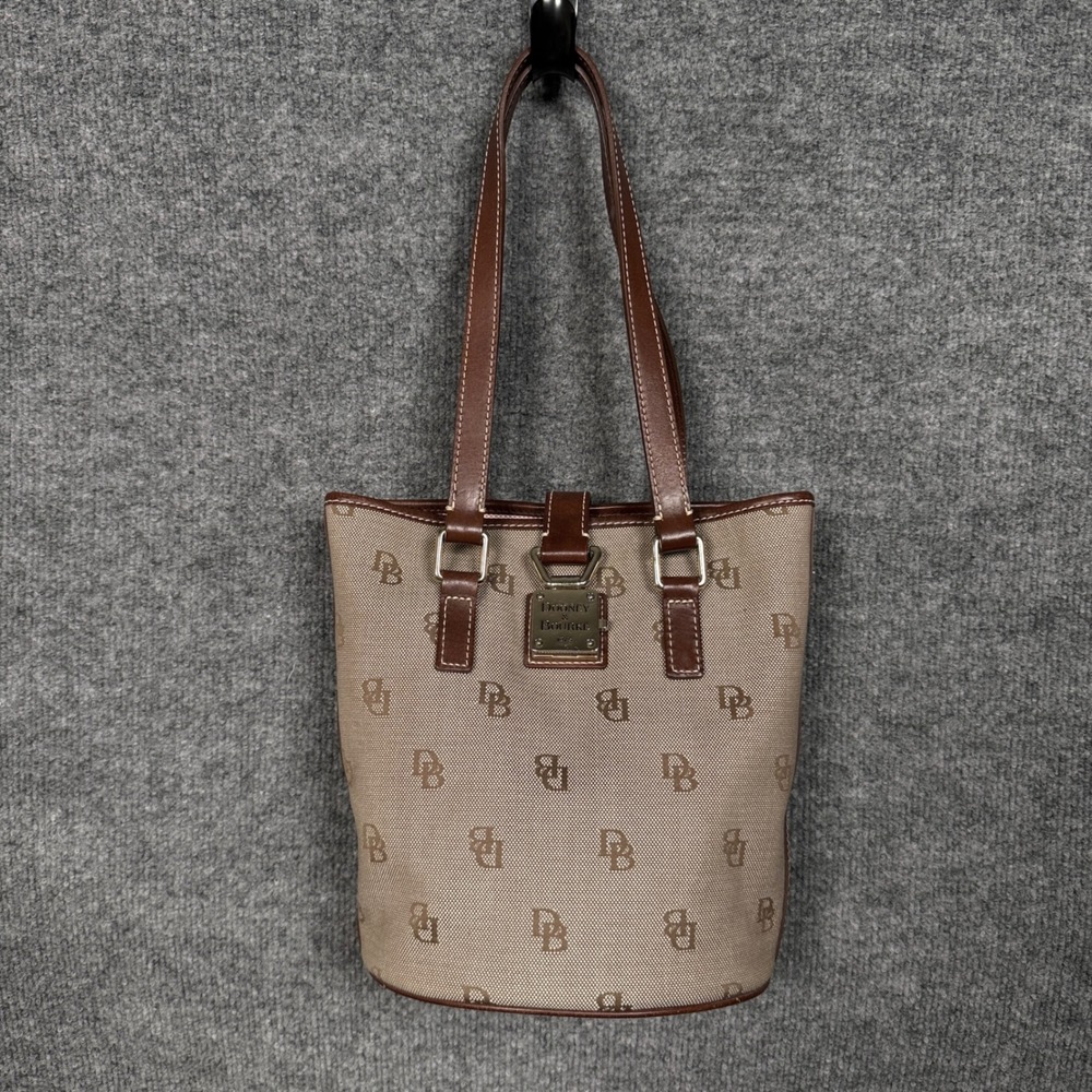 Dooney & Bourke North South Bucket Bag Tan Brown Canvas Signature Top Handle